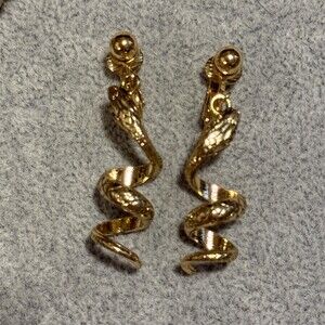 Vintage  Whiting & Davis Earrings Gold Coiled Snake Textured Dangle Clip-On